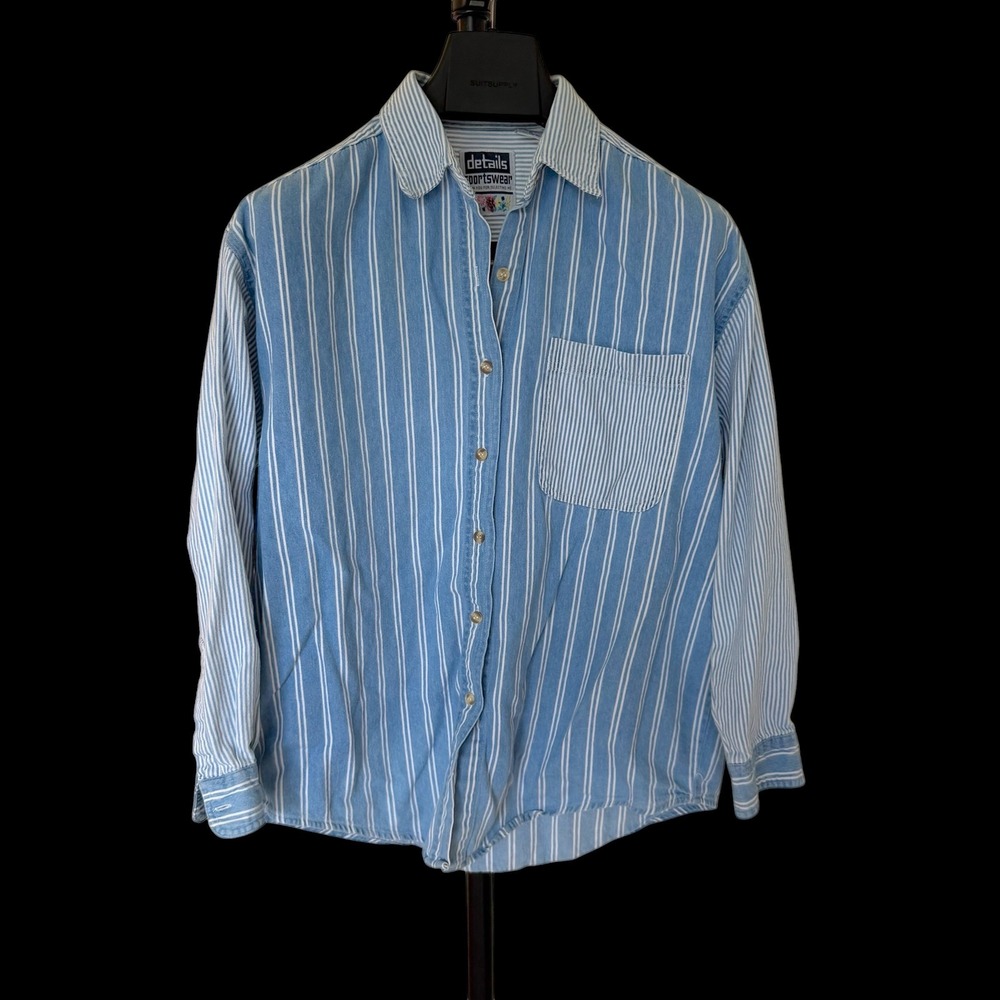 80's Details Blue White Striped Cotton Button Down Shirt Womens Medium Preppy